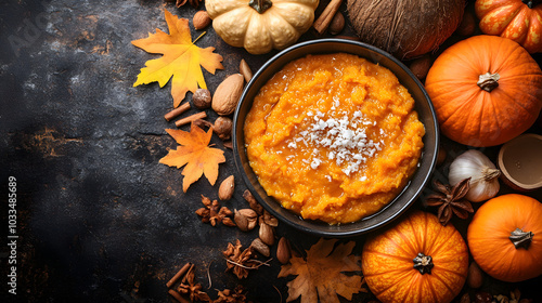 A Beautifully Arranged Countertop Displaying the Energetic Whisking of Pumpkin Puree, Maple Syrup, and Coconut Oil