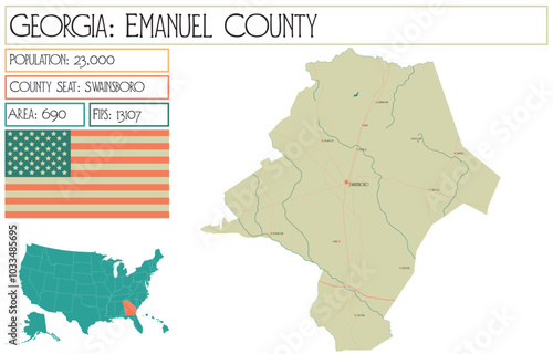 Large and detailed map of Emanuel County in Georgia USA.