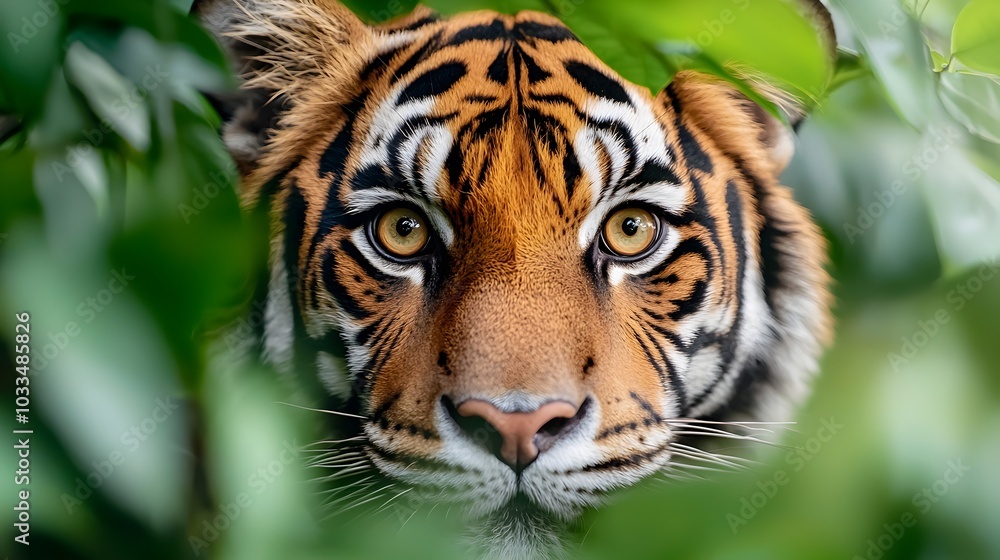 Intense Close up of a Tiger s Eye Revealing Its Powerful and Fierce Nature Amidst the Lush Jungle Surroundings Intense Close up of a Tiger s Eye Revealing Its Powerful and Fierce Nature Amidst the Lush Jungle Surroundings