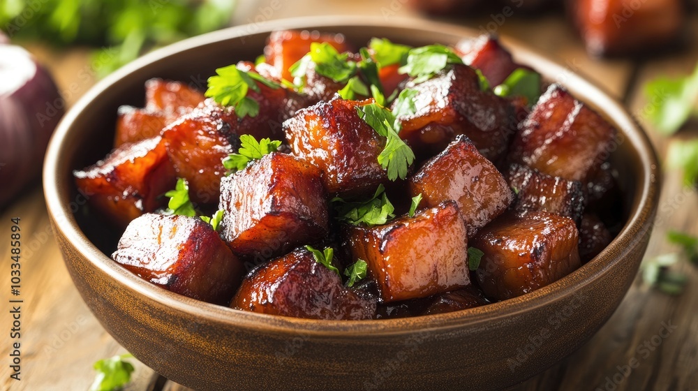 Deliciously Glazed Cubes of Pork with Fresh Herbs Deliciously Glazed Cubes of Pork with Fresh Herbs