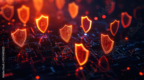 A digital illustration featuring glowing orange shields, representing cybersecurity and data protection on a tech-inspired backdrop.