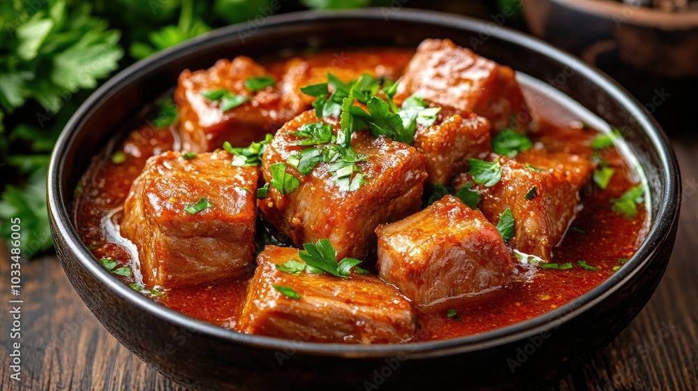 Savory Meat Dish with Fresh Herbs in Bowl Savory Meat Dish with Fresh Herbs in Bowl