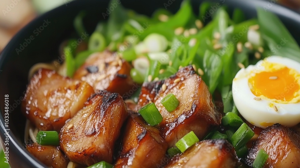 Delicious Bowl of Asian Chicken with Greens and Egg