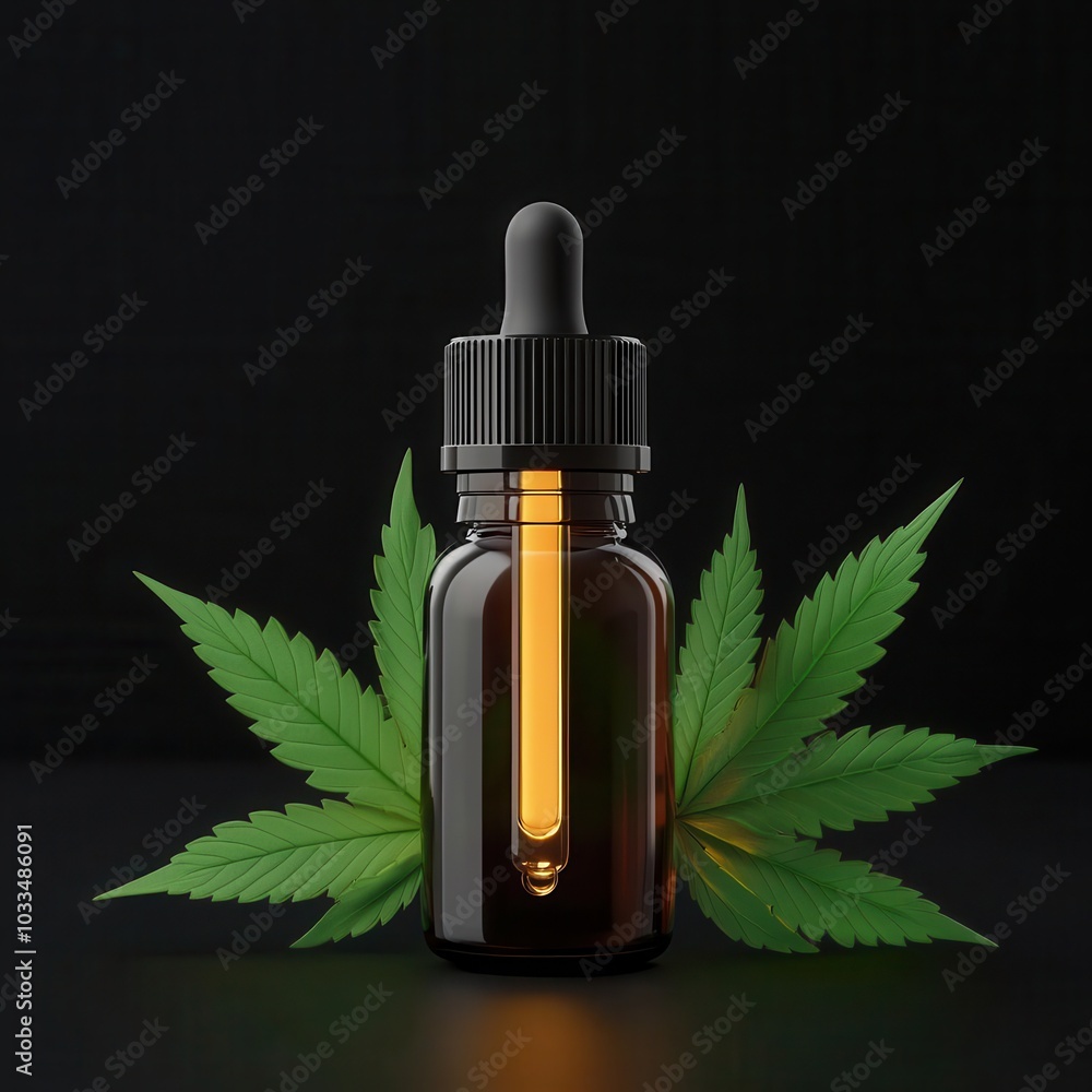 A glass dropper bottle with amber liquid sits amidst green cannabis leaves, set against a black background, highlighting natural wellness. A glass dropper bottle with amber liquid sits amidst green cannabis leaves, set against a black background, highlighting natural wellness.