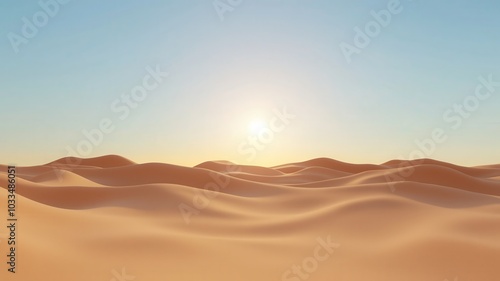 Vast desert dunes at sunset, with a wide open sky and the sun low on the horizon, creating a serene landscape.