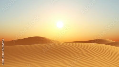 Vast desert dunes at sunset, with a wide open sky and the sun low on the horizon, creating a serene landscape.