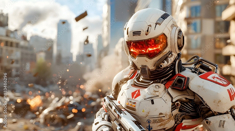 Fototapeta premium Giant Robotic Behemoth Stands Amid the Crumbling Remains of a Destroyed Futuristic City Dust and Debris Swirling in the Ominous Wind