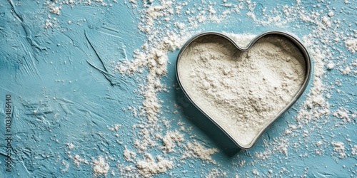 Heart-shaped cookie cutter on the kitchen table with flour. Flat lay. Copy space. photo