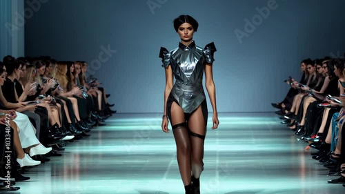 Model showcases futuristic fashion design on the runway during a recent night fashion show in a major city
