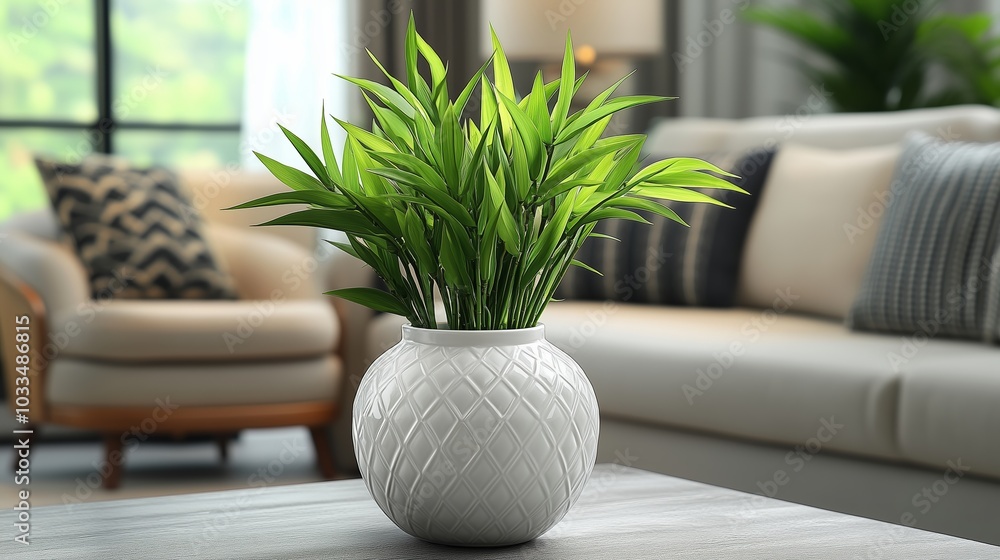 A close-up of a vibrant green indoor plant arranged in a stylish white ceramic vase with a diamond pattern. A close-up of a vibrant green indoor plant arranged in a stylish white ceramic vase with a diamond pattern.