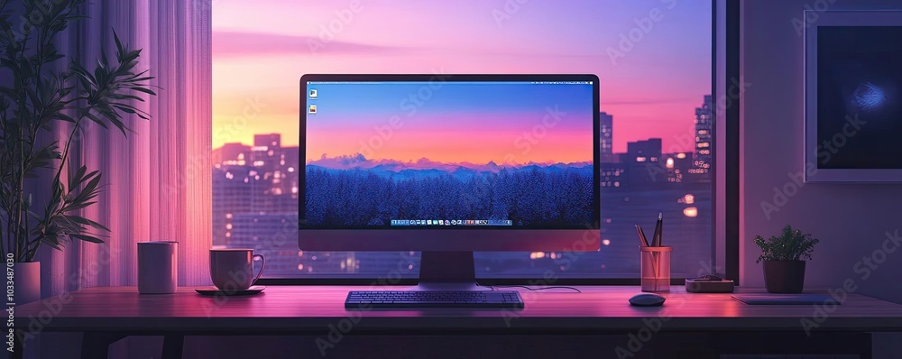 A clutter-free minimalist desk, with a computer, a cup of tea, and ambient lighting A clutter-free minimalist desk, with a computer, a cup of tea, and ambient lighting