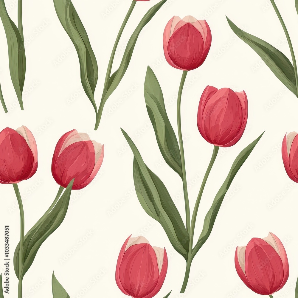 Red tulips with green leaves on a soft cream background. Red tulips with green leaves on a soft cream background.