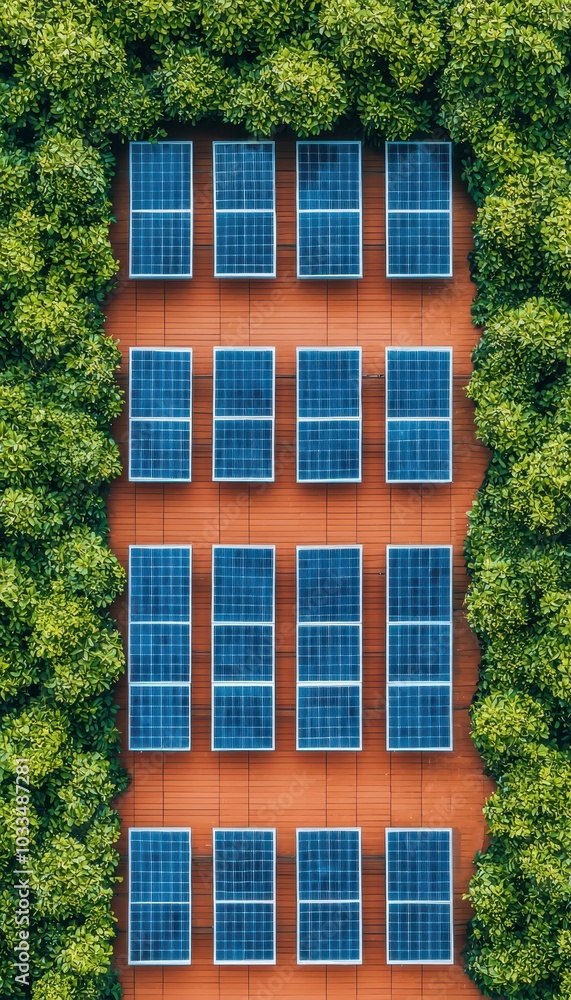 Fototapeta premium Solar panels surrounded by lush greenery, eco-friendly energy solution.