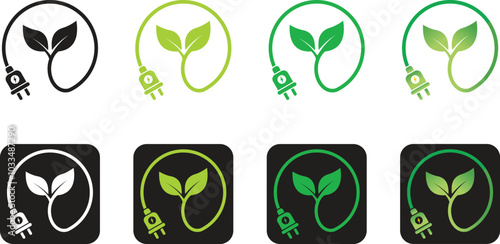 Renewable green energy saving icon. Renewable electricity plugs sign icon. Eco friendly plug icon. Renewable energy plug and leaf concept. Vector Illustration