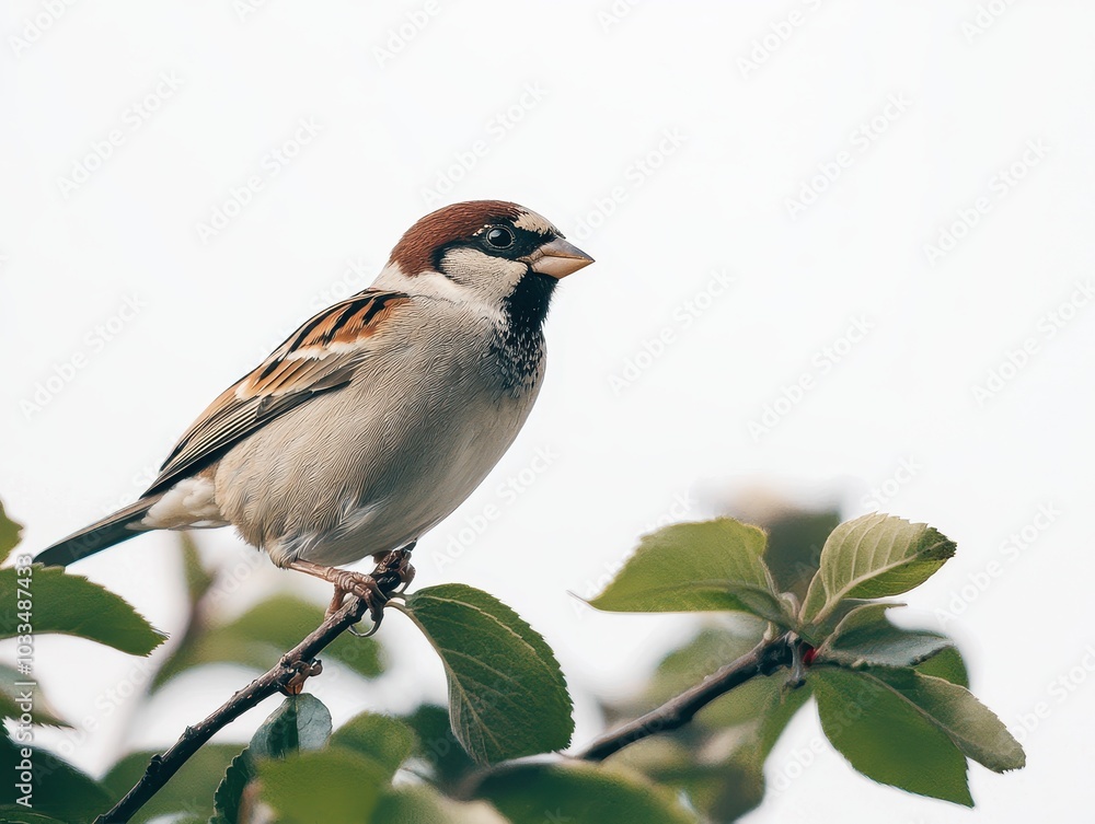 Fototapeta premium A sparrow perched on a branch surrounded by green leaves, soft natural light.