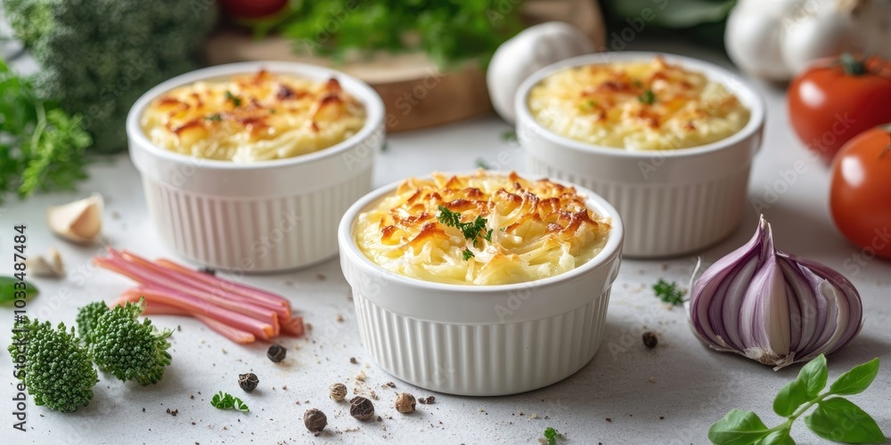 Ramekins filled with delicious julienne and ingredients on a light background. Ramekins filled with delicious julienne and ingredients on a light background.