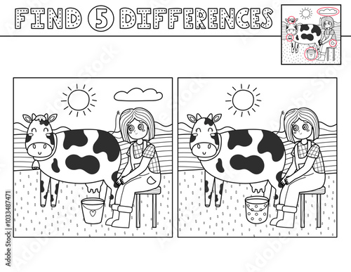 Find 5 differences black and white activity page for kids with cute girl and cow. Farm game in outline for coloring. Great for school and preschool. Vector illustration