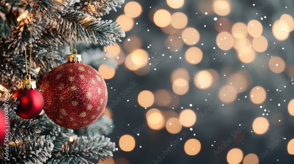 Obraz premium Christmas tree decoration with red ornaments and bokeh lights in the background.