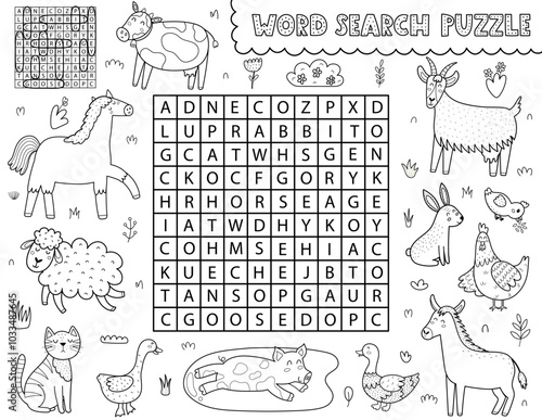 Word search puzzle with cute farm animals. Find the hidden words activity page for kids. Perfect for school and preschool. Vector illustration