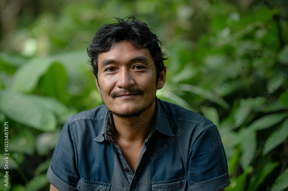 Smiling man in a lush tropical forest, showing his love for nature and sustainability. The serene setting captures his dedication to preserving the environment