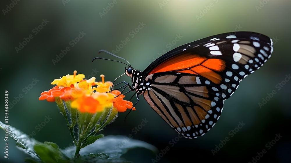 Obraz premium Exquisite Butterfly Resting on a Vibrant Flower in a Peaceful Meadow A beautifully detailed image of a butterfly delicately perched on a colorful blooming flower against a soft