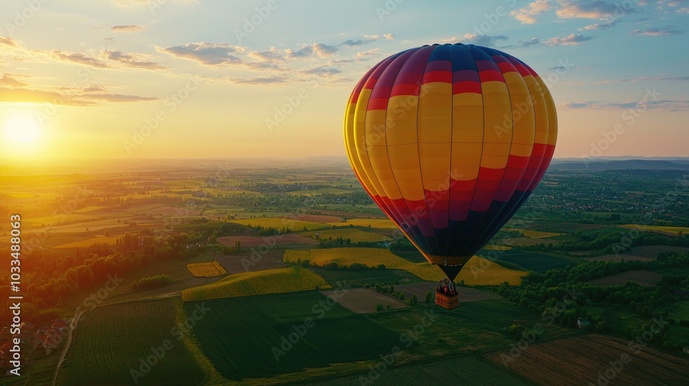 A vibrant hot air balloon soars above a picturesque landscape at sunset, offering stunning views of fields and a colorful sky. A vibrant hot air balloon soars above a picturesque landscape at sunset, offering stunning views of fields and a colorful sky.