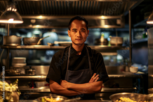 Professional chef stands confidently in his restaurant kitchen with his arms crossed