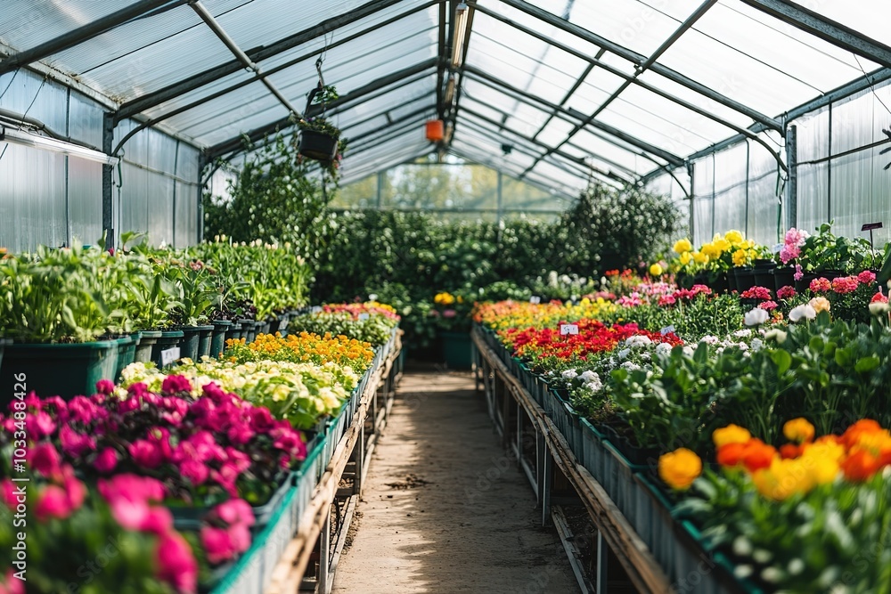 A greenhouse filled with vibrant plants and flowers with copyspace bright natural light botanical garden background. A greenhouse filled with vibrant plants and flowers with copyspace bright natural light botanical garden background.