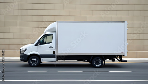 Fototapeta Naklejka Na Ścianę i Meble -  Empty blank white mockup on the small truck vehicle driving through the city street, template for advertisement. Commercial business transport delivery cargo, side view