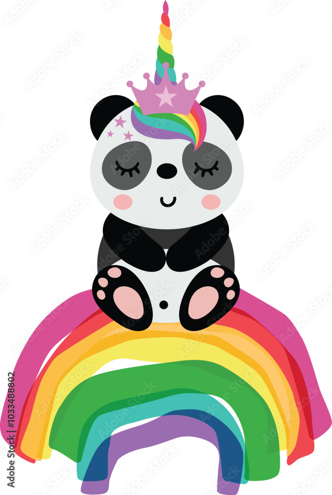 Fototapeta premium Cute unicorn panda sitting on rainbow