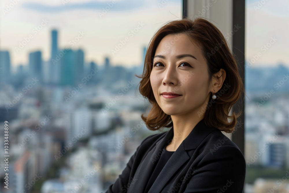 Confident businesswoman is posing with her arms crossed in a high rise building overlooking the city Confident businesswoman is posing with her arms crossed in a high rise building overlooking the city