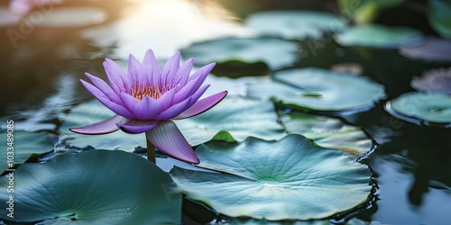 a lovely purple lotus with green leaves in a pond photo