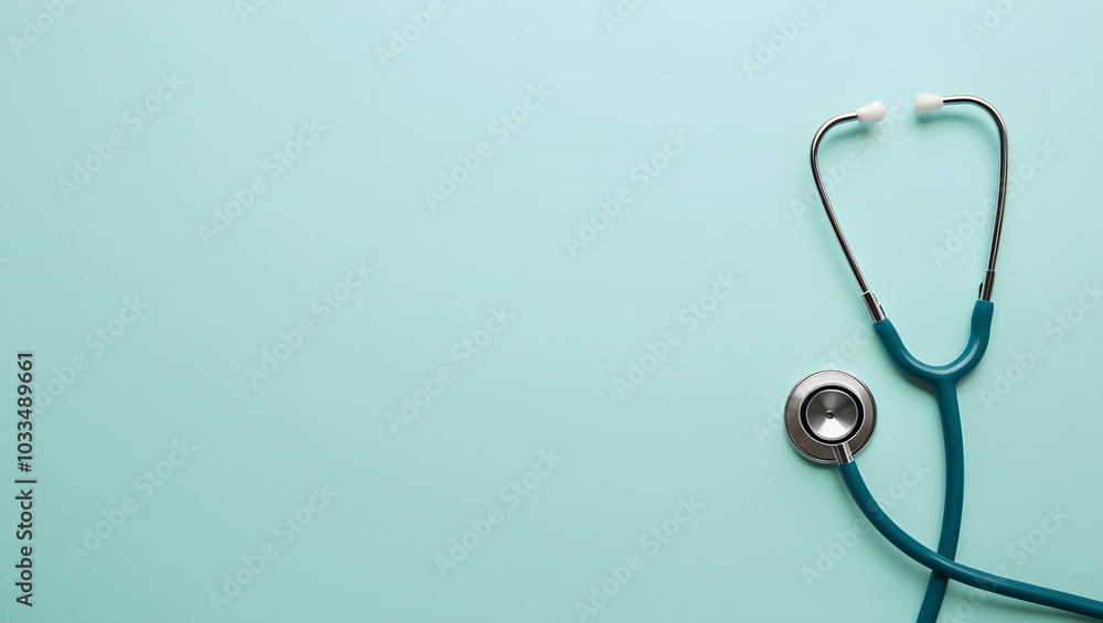 Stethoscope from above on a blue backdrop with plenty of copy space image. Health and wellness background. Stethoscope from above on a blue backdrop with plenty of copy space image. Health and wellness background.