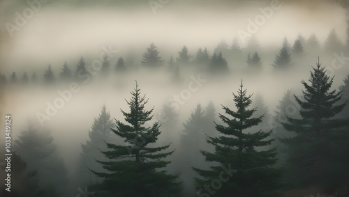 Misty landscape with forest in hipster , fog vintage retro style. Winter Nature Background.