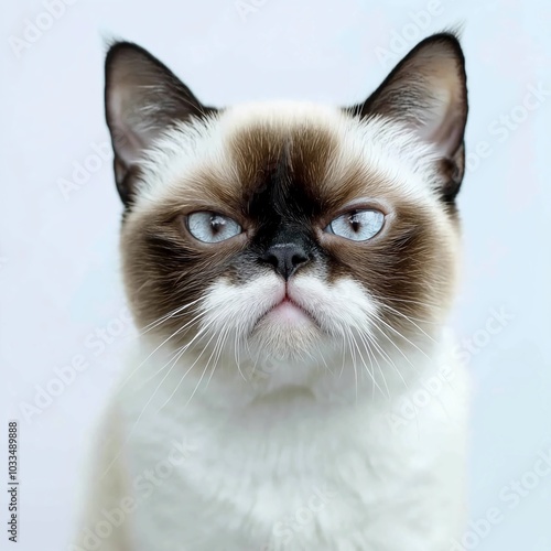 Grumpy cat, Eyes narrowed, ears flattened to the side, whiskers pulled back, tight mouth photo