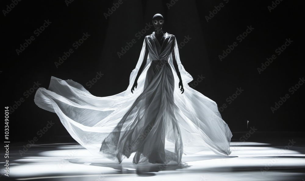 A woman wearing a flowing white gown walks on a A woman wearing a flowing white gown walks on a