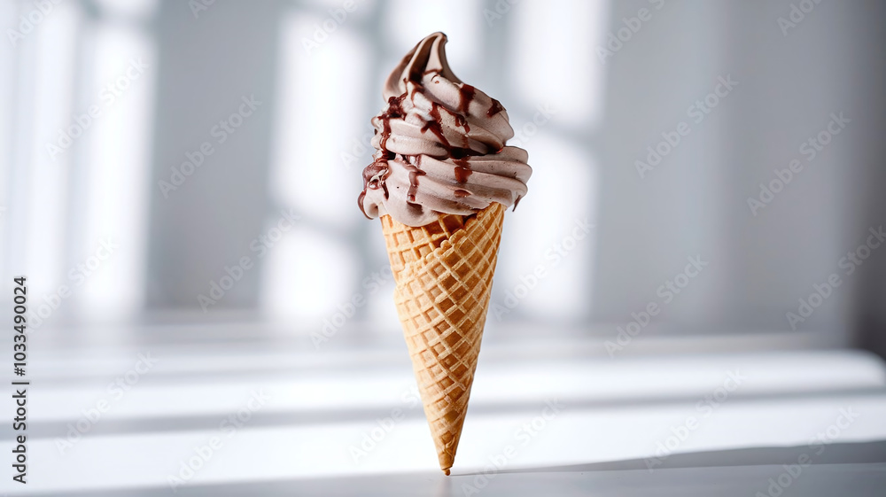 Delicious frozen chocolate ice cream in a waffle cone against a bright background, perfect for summer dessert themes, sweet treats, and food photography. Delicious frozen chocolate ice cream in a waffle cone against a bright background, perfect for summer dessert themes, sweet treats, and food photography.
