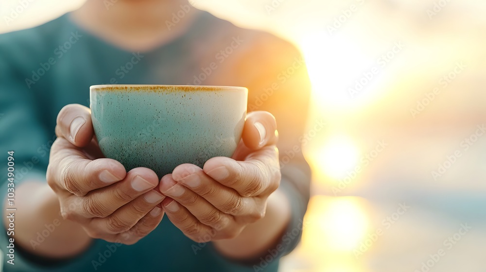 Hands cradling a steaming coffee cup against a warm glowing sunrise with a double exposure silhouette of the tranquil sea in the background creating a serene and contemplative scene Hands cradling a steaming coffee cup against a warm glowing sunrise with a double exposure silhouette of the tranquil sea in the background creating a serene and contemplative scene