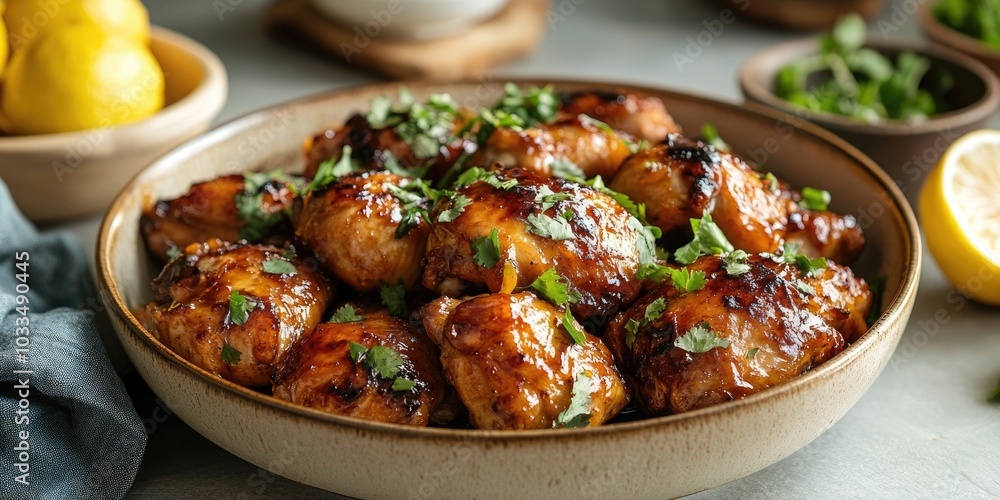 Sticky Chinese Lemon Chicken on the dish Sticky Chinese Lemon Chicken on the dish