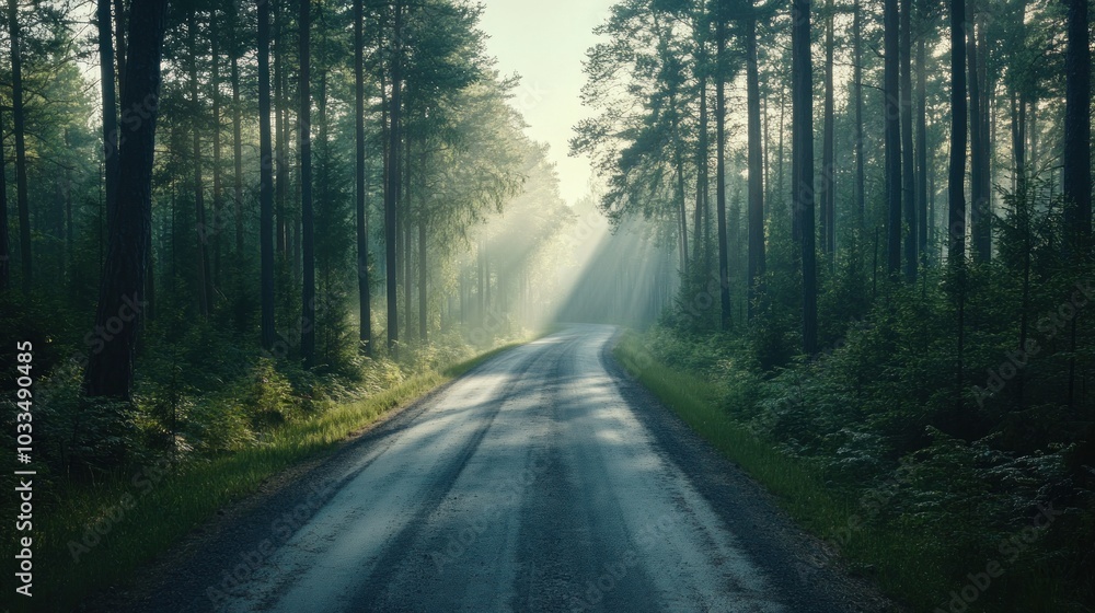 Fototapeta premium A paved road winds through a dense forest, illuminated by sunlight streaming through the trees.