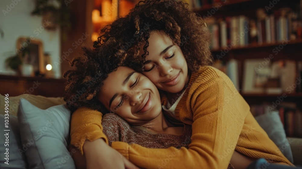 Portrait of beautiful young mother cuddling with teen son at home Portrait of beautiful young mother cuddling with teen son at home