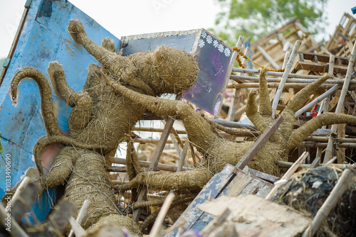 Durga Visarjan Idol Debris, Aftermath of Durga Puja Visarjan, Durga Idol Immersion Remnants, Discarded Durga Puja Structures, Idol Remnants Post Visarjan Stock Photo. photo