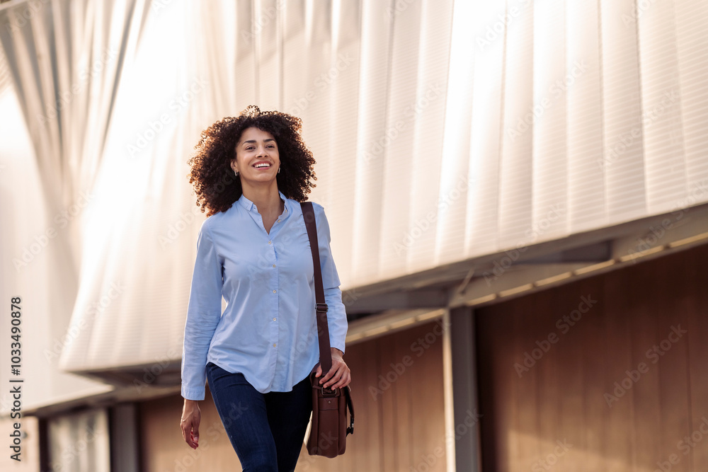 Fototapeta premium satisfied ethnic businesswoman with bag walking along street and smiling while looking forward