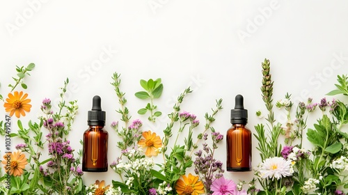 Two Bottles of Essential Oils Surrounded by Assorted Flowers and Herbs