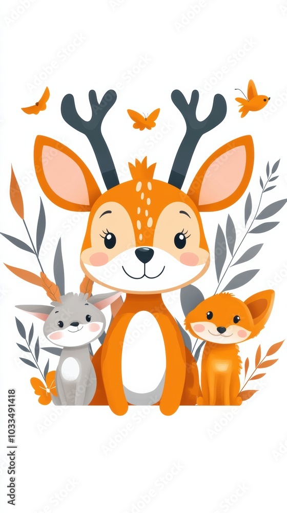 A cute illustration of a deer, rabbit, and fox surrounded by leaves and butterflies, perfect for children's decor and nature themes. A cute illustration of a deer, rabbit, and fox surrounded by leaves and butterflies, perfect for children's decor and nature themes.