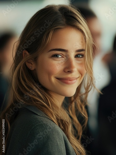 Elegant Smiling Female with Blonde Hair and Blue Eyes