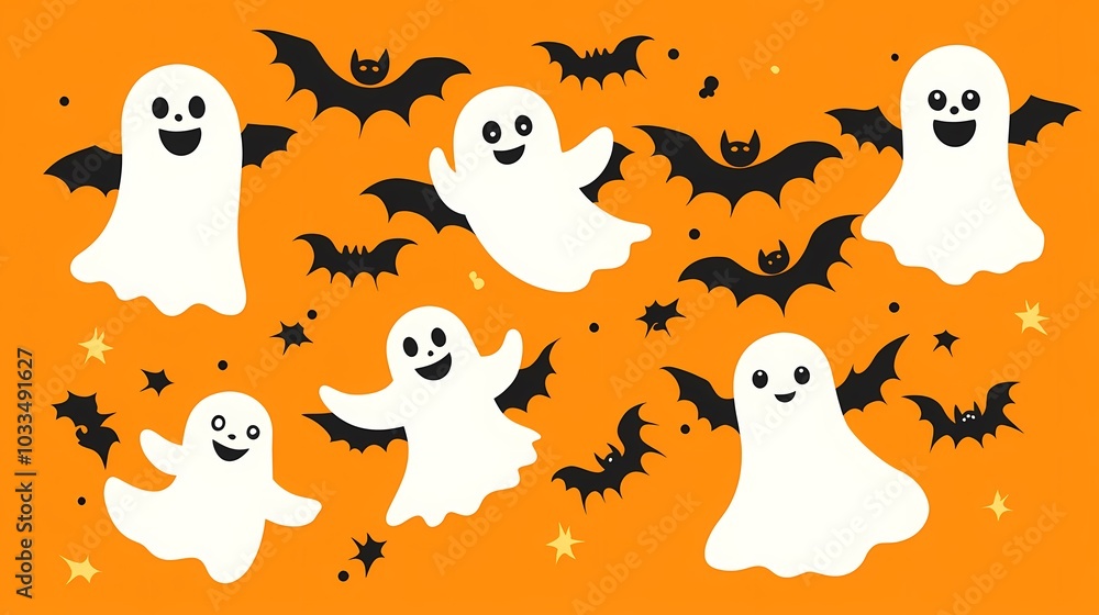 Playful cartoon ghosts and bats on a vibrant orange background. Playful cartoon ghosts and bats on a vibrant orange background.