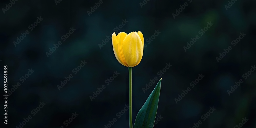 A solitary yellow tulip set against a dark backdrop, outside. Copy space. Macro.