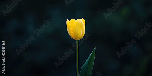 Obraz na płótnie A solitary yellow tulip set against a dark backdrop, outside. Copy space. Macro. w salonie