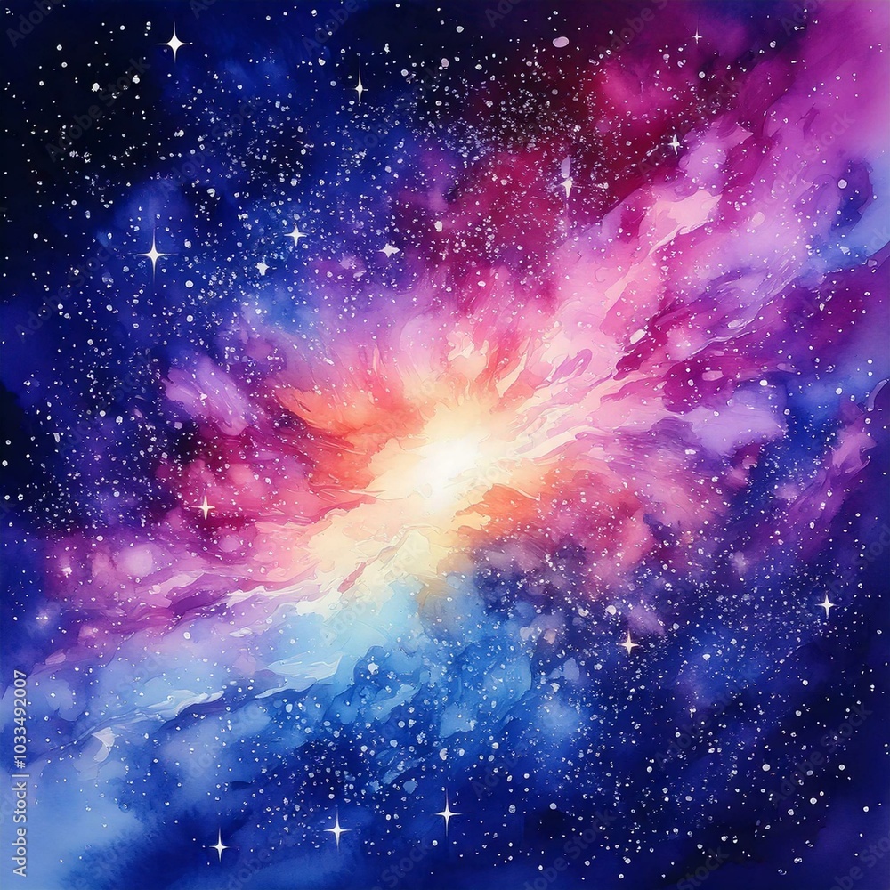 Obraz premium A dreamy watercolor painting of a galaxy filled with stars, nebulas, and cosmic clouds in vibrant purples, blues, and pinks